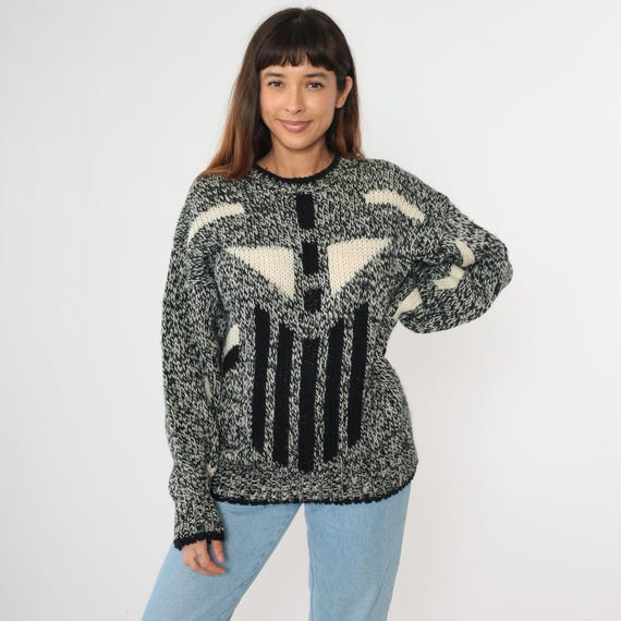 Vintage 80s Marled Knit Sweater Geometric Black White Chunky Pullover Crewneck Acrylic Retro Medium M