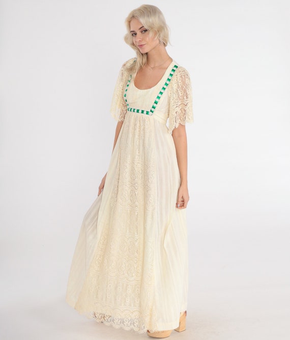 Cream Lace Dress 70s Maxi Dress Floral Green Ribbon Short Sheer Bell Sleeve Empire Waist Boho Gown Bridal Vintage 1970s Extra Small xs