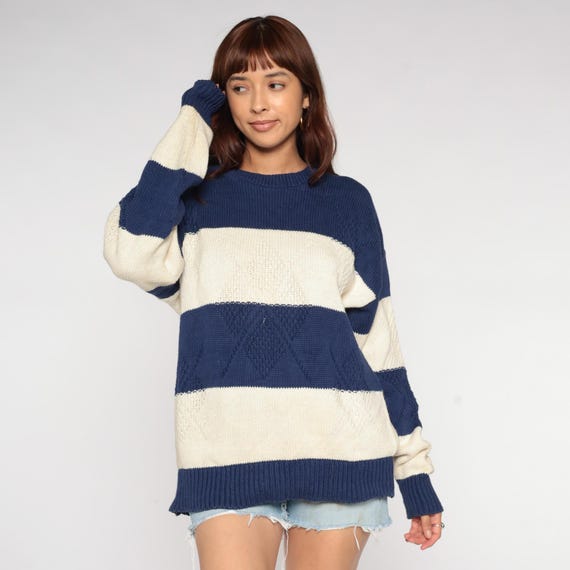 90s Striped Sweater Navy Cream Cotton Knit Crewneck Preppy Collegiate Rugby Stripe Academia Vintage Bookish Nerd Mark Alexander Large L