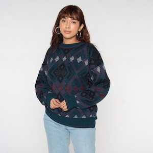 90s Geometric Sweater Blue Purple Knit Pullover Crewneck Sweater 80s Slouchy Grunge Retro Knitwear Vintage 1990s Men&#39;s Large L