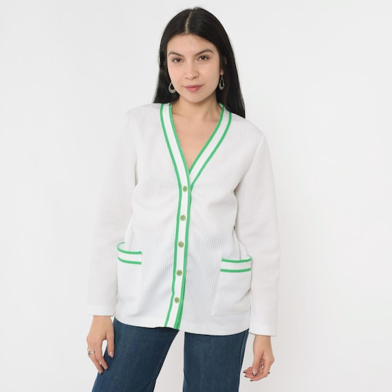 Vintage 70s White Tennis Cardigan Green Contrast Trim Preppy Button Up Ribbed Knit Sweater Collegiate Sporty Ivy League 1970s V Neck Medium