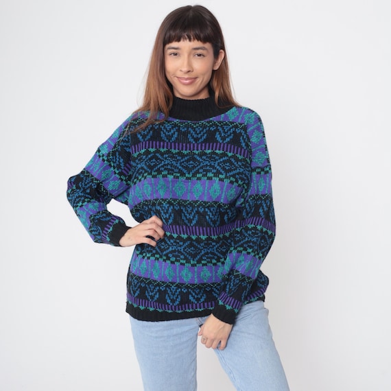 90s Fair Isle Sweater Nordic Mock Neck Purple Teal Blue Geometric Pattern Acrylic Vintage Winter Ski Lodge Cozy Small S 4