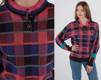 Pull à carreaux des années 90 Knit Henley Sweater Plaid Button Up Slouchy Pullover Jumper Rétro Bleu Rose Orange Noir Coton vintage années 1990 Small S