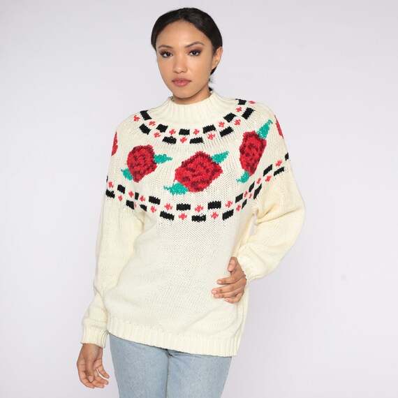 80s Rose Sweater Cream Knit Floral Sweater Boho Funnel Mock Neck Pullover Retro Hippie Jumper Bohemian Hippie Knitwear Vintage 1980s 3xl xxl