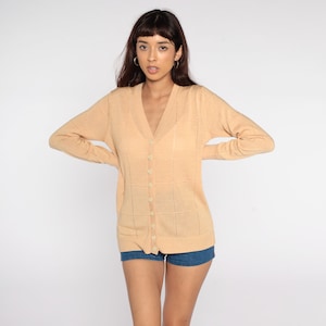 Tan Cardigan Sweater 70s Sheer Cutwork Open Weave Cut Out Sweater Vintage Acrylic Knit 80s Slouchy Grandma Large 12
