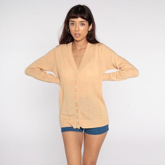 Tan Cardigan Sweater 70s Sheer Cutwork Open Weave Cut Out Sweater Vintage Acrylic Knit 80s Slouchy Grandma Large 12