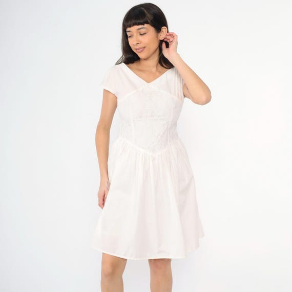 Vintage 80s Pale Pink Party Dress Lace Inset Fit And Flare Cap Sleeve Bow Back Mini Dress 1980s Romantic V Neck Pastel Basque Waist Small S