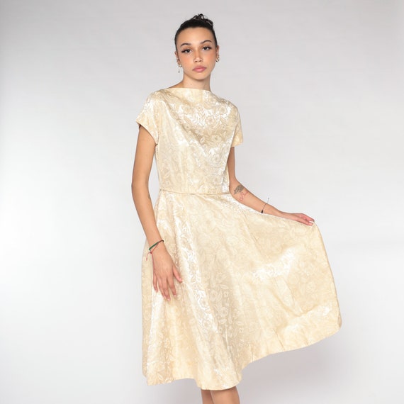 60s Party Dress Cream Brocade Floral Print Dress … - image 5