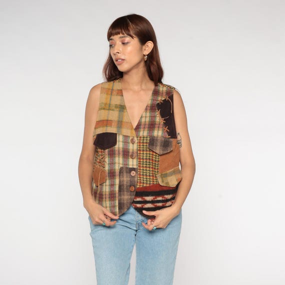 Patchwork Wool Vest 70s Brown Tan Plaid Houndstooth Southwestern Rodeo Ranch Wear Print Prairie Suede Trim Artisan Wood Buttons Medium M