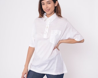 White Polo Shirt 70s 80s Semi-Sheer Saks Fifth Avenue Button Up Shirt Short Sleeve Retro Plain Collar Vintage 1980s Men's Small Medium