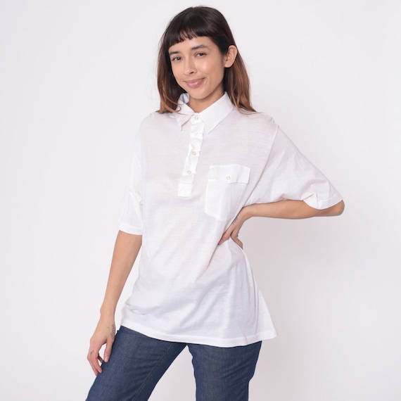 White Polo Shirt 70s 80s Semi-Sheer Saks Fifth Avenue Button Up Shirt Short Sleeve Retro Plain Collar Vintage 1980s Men's Small Medium