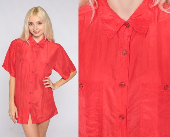Red Silk Blouse 90s Button Up Shirt Retro Plain S… - image 1