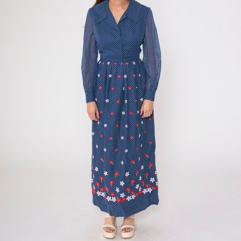 70s Maxi Dress Embroidered Floral Blue Polka Dot Dress Boho Long Sheer ...