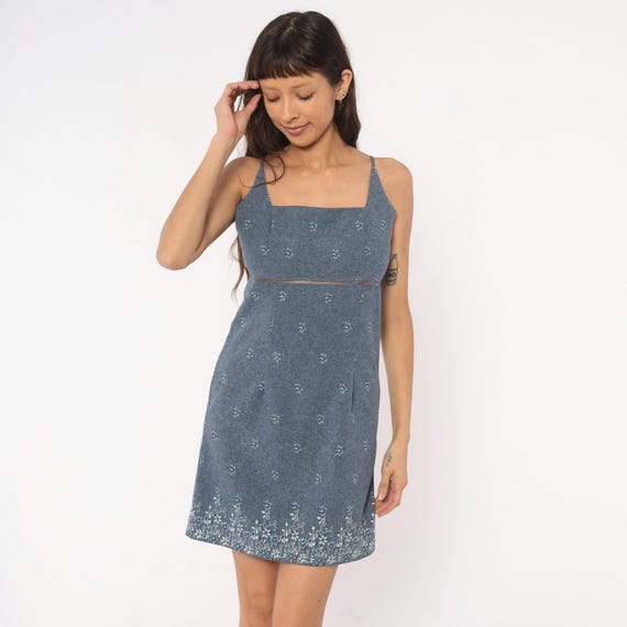 Y2K Chambray Floral Mini Dress Square Neck Spaghetti Strap Embroidered Sundress Blue Summer Spring Cottagecore Sleeveless Shift Small S
