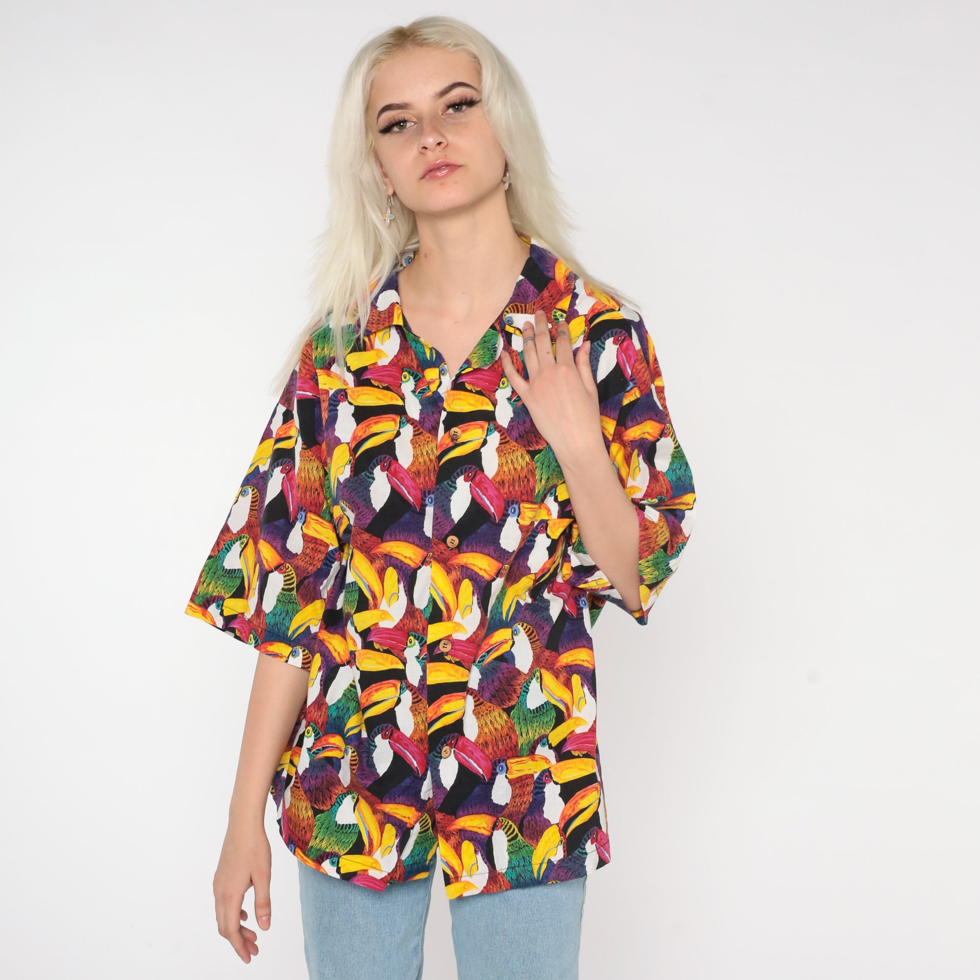 90s Toucan Shirt Rainbow Tropical Bird Button Up Shirt Retro Statement ...