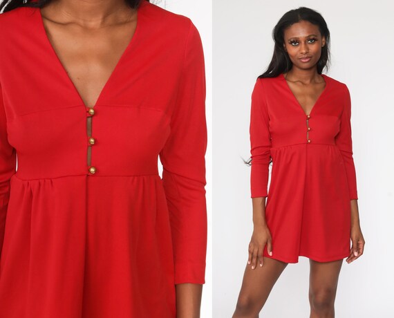 70s Mini Dress Red Babydoll Mod Empire 