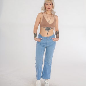 Pantalones vaqueros vintage de los años 70, acampanados, con corte de bota, tiro alto, estilo retro, de campana, de algodón azul, básicos, años 70, talla mediana, M
