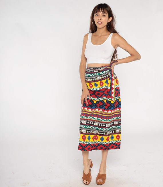 Boho Wrap Skirt 90s Midi Skirt Geometric Aztec Pr… - image 2