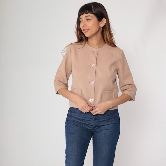 Cropped Wool Jacket 60s Beige Short Sleeve Blazer Pink Buttons Round Neck Vintage Mod Style Cropped Coat Minimalist Preppy Outerwear Small S