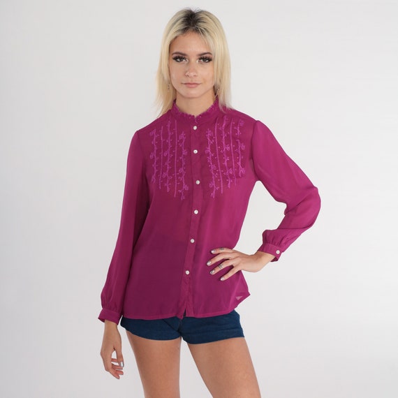 Floral Embroidered Blouse 70s Hippie Top Berry Purple Button Up Shirt Semi-Sheer Flower Romantic Bohemian Long Sleeve Vintage 1970s Small S