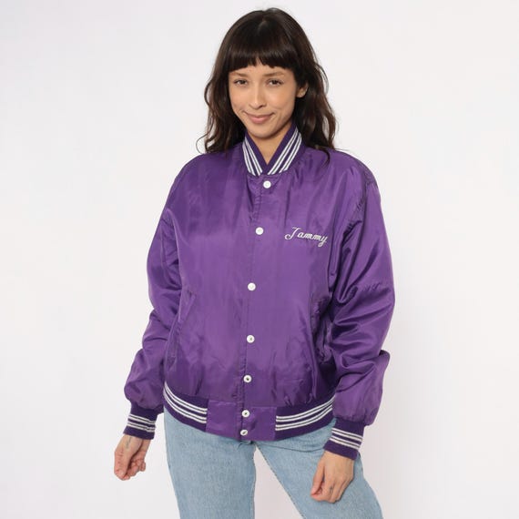 Purple Track Jacket 90s Varsity Bomber Windbreaker Snap Button Striped Trim Embroidered Tottenville Sports Athletic Team Letterman Small S