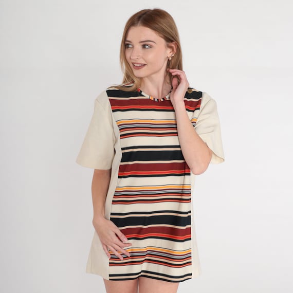 Mod Striped Shirt 70s Micro Mini Dress Retro Shift Twiggy Short Sleeve Minidress Gogo Tunic Top Off White Red Yellow Vintage 1970s Petite XS