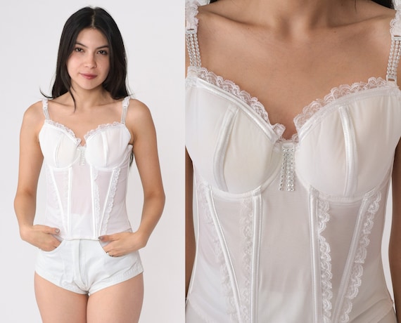 White Bustier Corset 32D Rhinestone Tank Top Y2K Going Out Shirt Lace Lingerie Top Party Sheer Underwire Vintage 00s Small 32 D