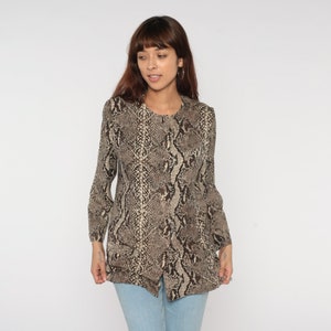 Snakeskin Blouse 80s 90s Silk Scale Pattern Top Snake Skin Animal Print Shirt Button Up Long Sleeve Party Brown Vintage 1980s Small 6