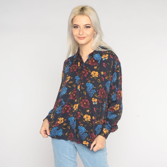 Navy Blue Floral Blouse 90s Button Up Shirt Boho Grunge Flower Print Collared Long Sleeve Top Retro Hippie Preppy 1990s Vintage Rayon Large