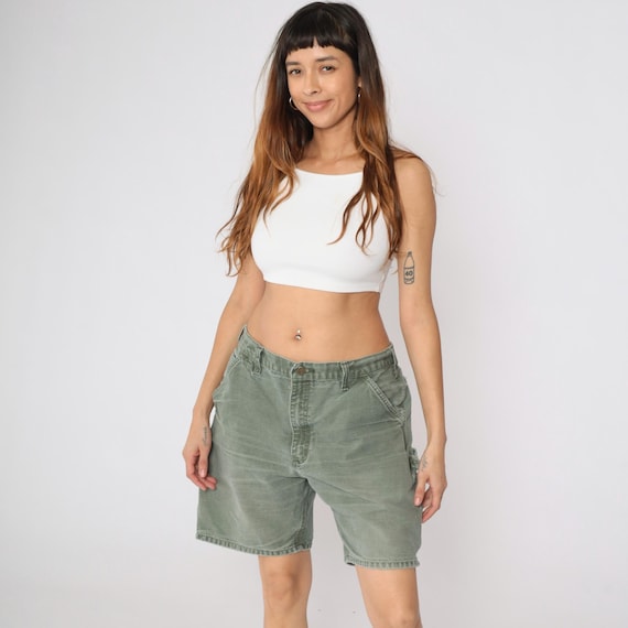 Vintage 90s Workwear Carpenter Shorts Green Denim High Rise Utility Pockets Hammer Loop Rugged Casual Outdoor Carhartt 1990s 36 Large
