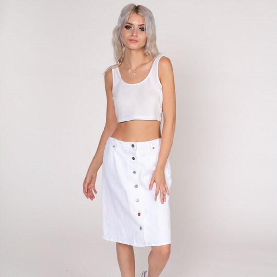 White Jean Skirt 90s Guess Denim Mini Skirt High Waisted Button up Miniskirt Retro Summer Basic Simple Plain Pencil Vintage 1990s Small 28