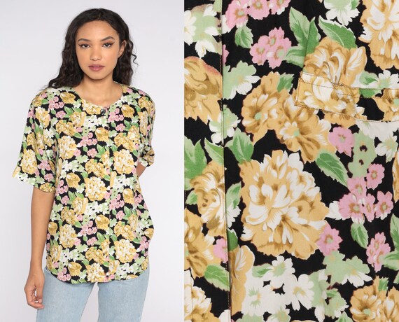 Black Floral Blouse 90s Button Up Shirt Button Short Sleeve Top Grunge Boho 1990s Vintage Hipster Bohemian Retro Extra Large XL