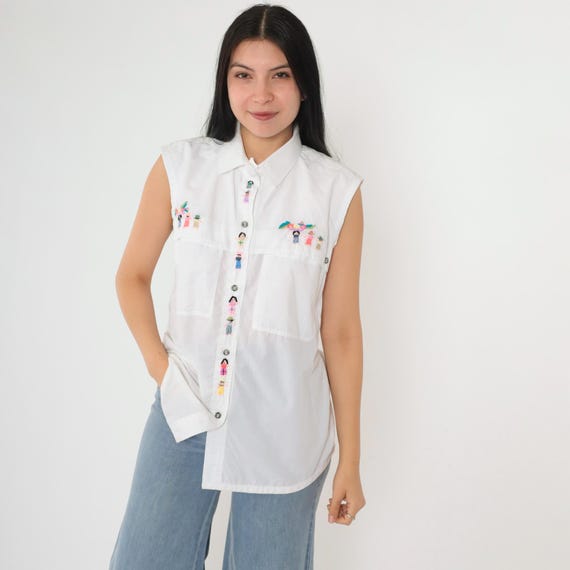 90s Embroidered Tank Top Vintage White Folk Art Utility Chest Pocket Collared Shirt 1990s Sleeveless Blouse Button Up Shirt Medium