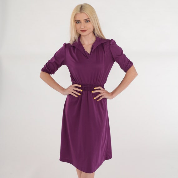 Vintage 70s Purple Dress Midi Dress Short Puff Sleeve High Elastic Smocked Waist Collared V Neck Secretary Day Plain Chic Blouson 1970s XS