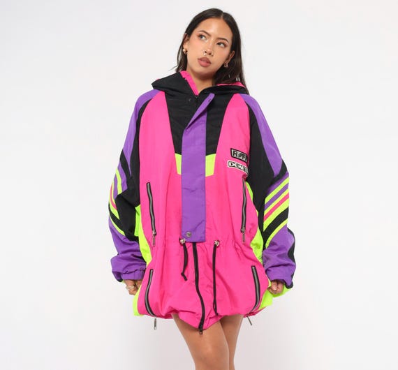 Neon Pink Ski Jacket 90s Roffe Demetre Windbreaker Purple Black Lime Color Block Hooded Pullover Waist Zip Front Anorak Extra Large XL