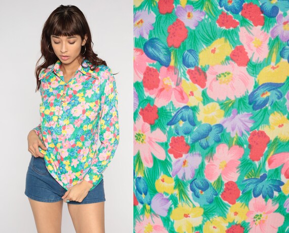 70s Floral Blouse Boho Button Up Disco Shirt Dagger Collar Top Groovy Bohemian Blouse Retro Vintage 1970s Hippie Long Sleeve Collared Medium