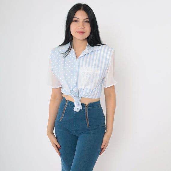 90s Tie Waist Blouse Baby Blue Polka Dot Striped Crop Top Chiffon Sleeve Lace Button Up Cropped 1990s Vintage Short Sleeve Cotton Small S