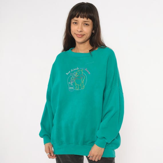90s Winnie The Pooh Sweatshirt Teal Crewneck Piglet Best Friends Embroidered Disney Pullover Cotton Green Cartoon Vintage Extra Large XL