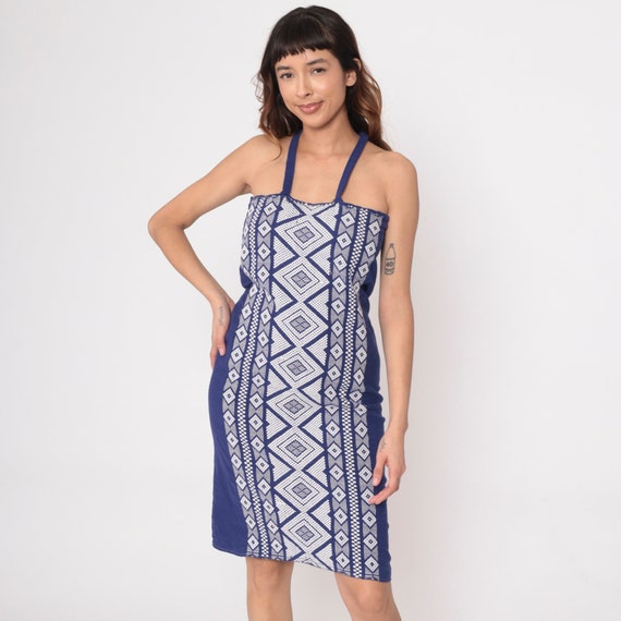 Hippie Sun Dress Blue Aztec Embroidered 90s Midi Sundress Southwest Spaghetti Strap Bohemian Vintage Sheath Boho Sleeveless Extra Small xs