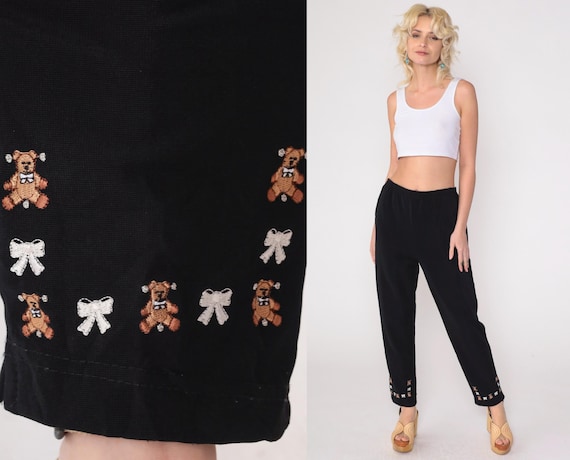 90s Black Tapered Pants Teddy Bears & Bows Trousers High Elastic Waist Retro Slacks Simple Basic Pockets Vintage 1990s Large L