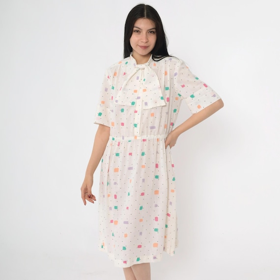 Vintage White Ascot Shirt Dress 80s Brushstroke Polka Dot Print Button Up Midi Secretary Shirtdress High Waist 1980s Short Sleeve Large