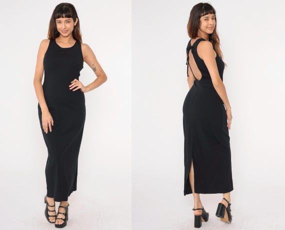 Vintage Black Backless Dress 90s Party Maxi Dress Open Back Goth Keyhole Going Out Cocktail Dress Sleeveless Sheath 1990s Gothic Medium