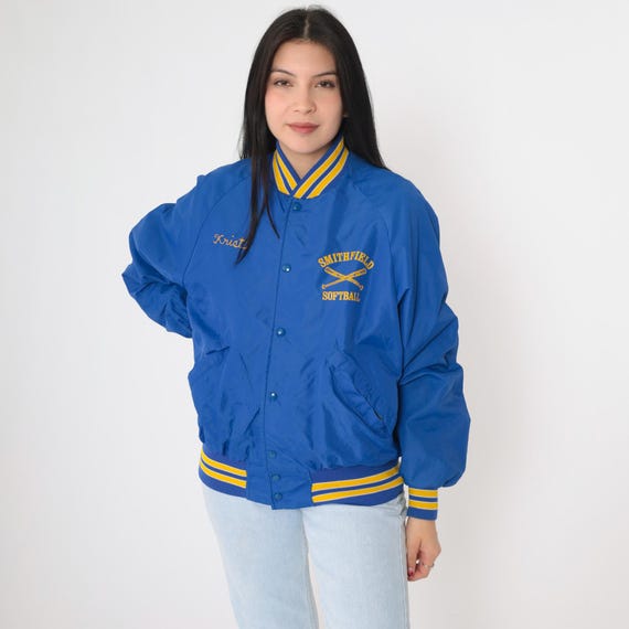 80s Bomber Jacket Vintage Smithfield Softball Kristi Blue Jacket Baseball Windbreaker Snap Up Coat Varsity Uniform Jacket 1980s Medium