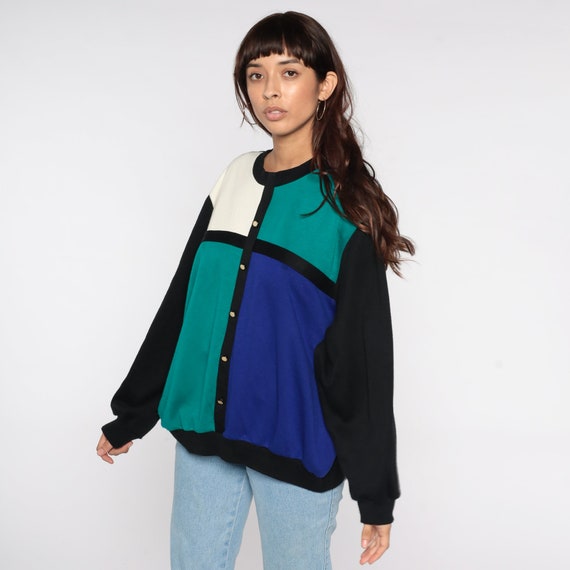 80s Color Block Sweatshirt Black Green Blue White… - image 4