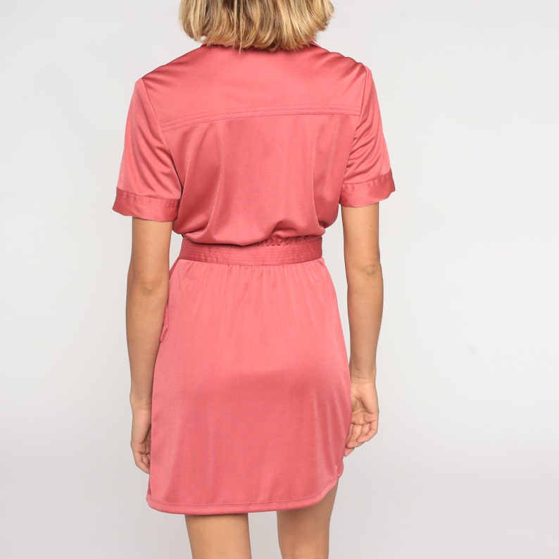 Pink Mini Dress 70s Shirtwaist Dress Retro Button Up Shift Dress Short Sleeve High Waisted Secretary Preppy Casual Vintage 1970s Medium M image 6