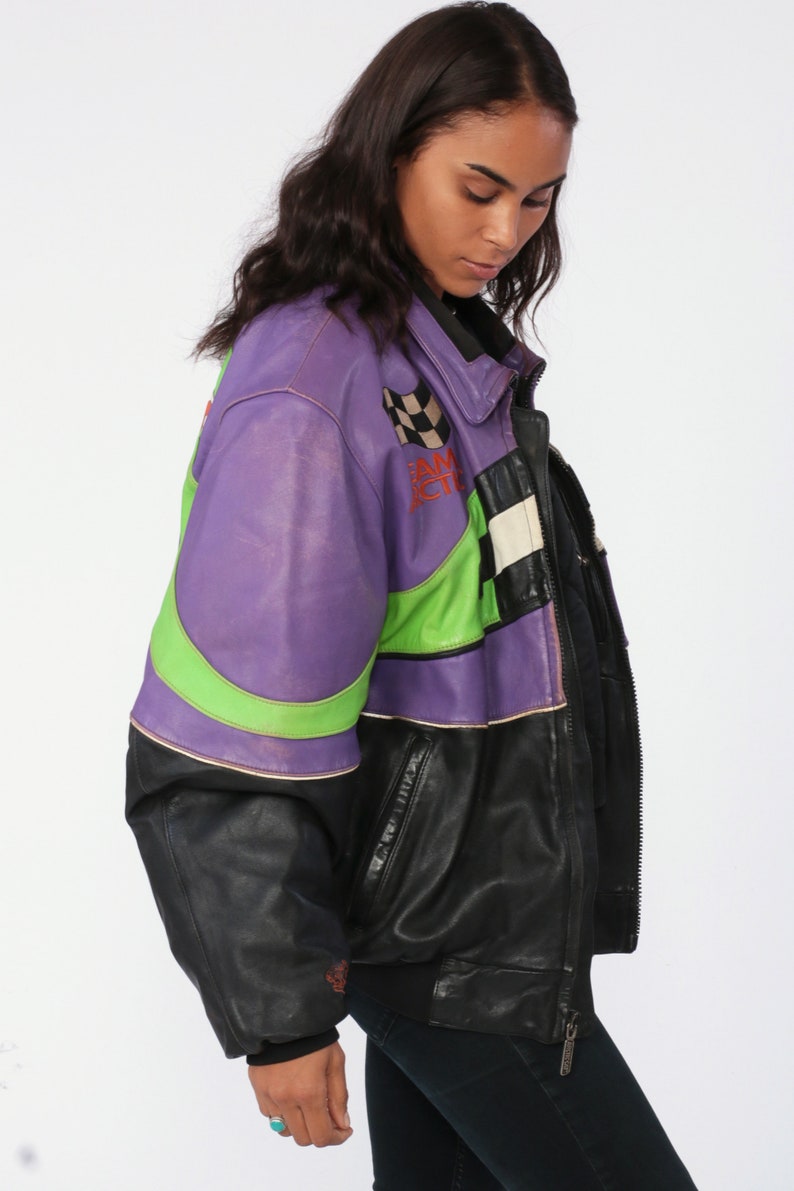 Leather Arctic Cat Jacket Neon Racing Jacket Moto Zip Up Jacket Motorcycle Jacket Black 90s Striped Retro Vintage Black Purple Green Large