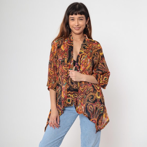 Y2K Sheer Paisley Print Kimono Jacket Boho Open Front Asymmetrical Hem Flowy Festival Blouse 00s Retro Hippie Psychedelic Extra Small xs