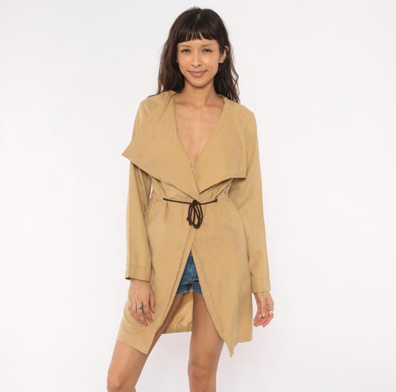 Y2K Tan Draped Trench Lightweight Open Front Coat Camel Waterfall Collar Duster Drawstring Waist Sand Jacket  Neutral Khaki Vintage Medium M