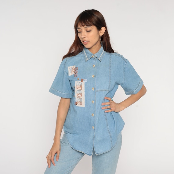 90s Denim Shirt Blue Jean Button up Top Studded Geometric Swirl Print Short Sleeve Blouse Collared Retro Streetwear Vintage 1990s Medium M 8