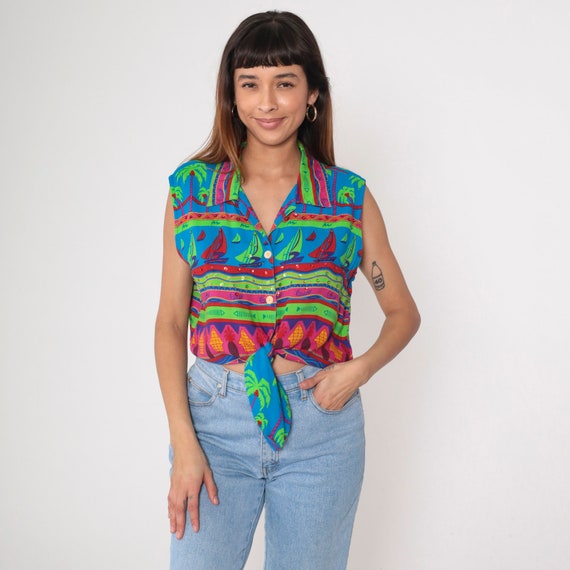 Vintage 90s Tropical Sequin Blouse Sailboat Beaded Tie-Front Top Pineapple Print Striped Sleeveless Button-Up Shirt Nautical Small Medium